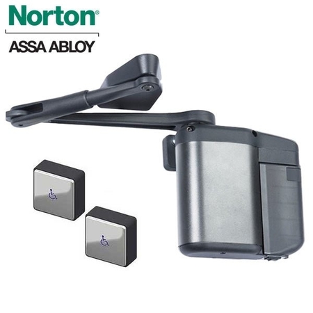 NORTON DOOR CONTROLS Kit Includes ADAEZ Pro Door Operator (Pull Side, Regular Arm), Two Square Push Buttons, Aluminum Fin NOR-5811-SQPB-689
